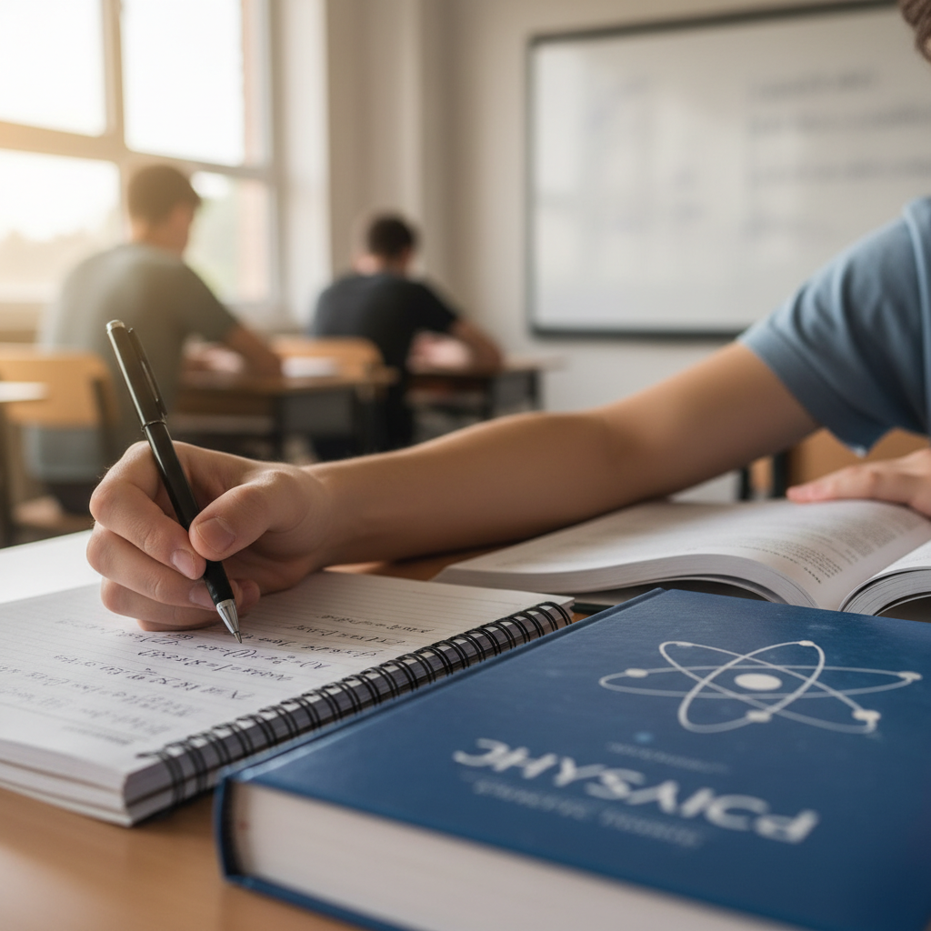 student writing in a notebook in a classroom, close up of hand and pen, physics textbook nearby, thoughtful atmosphere, educational stock photo