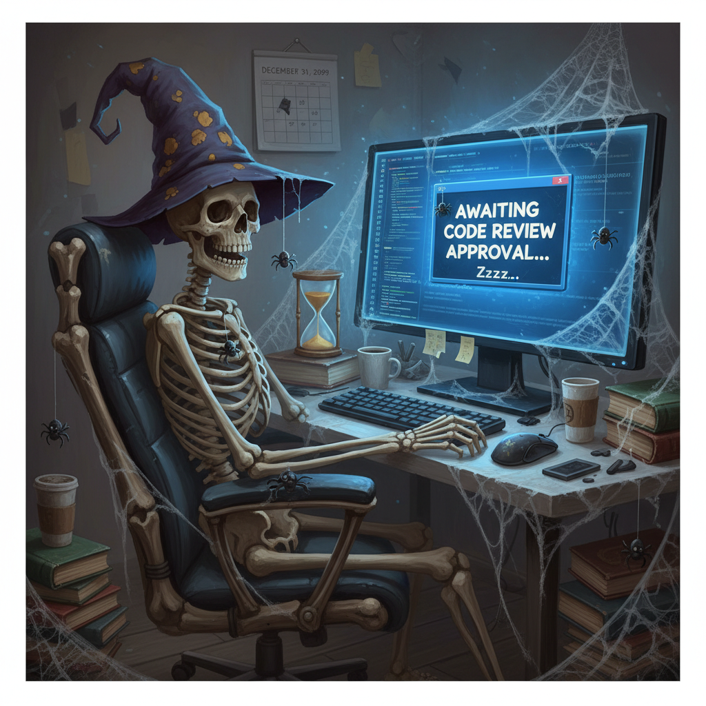 A funny, cinematic digital painting of a skeleton sitting at a computer desk covered in cobwebs, waiting for a code review approval. The screen glows blue. High quality, humorous style.