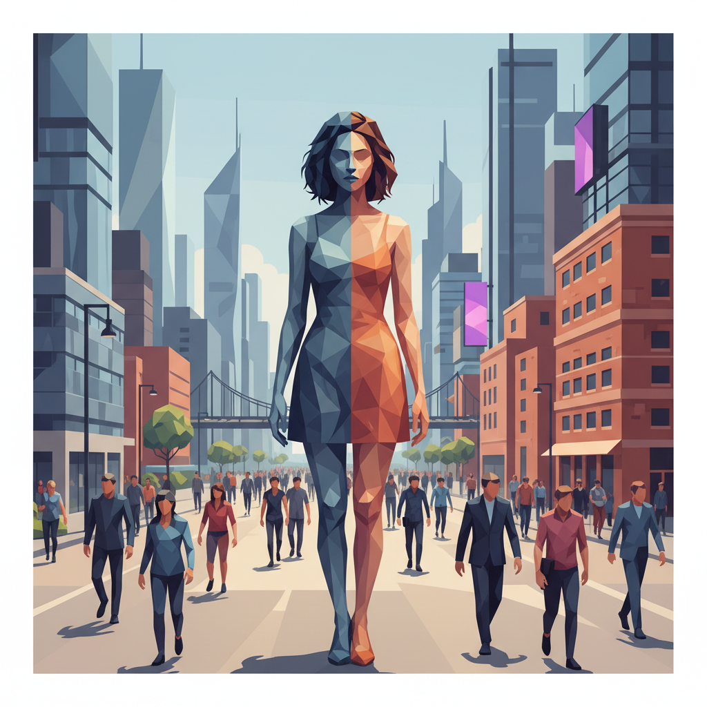 Conceptual illustration of a woman blending into a crowd like a chameleon, urban setting, low poly style