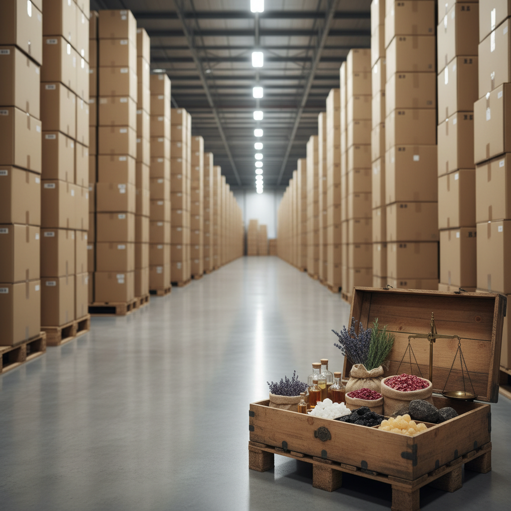 Stacks of cardboard shipping boxes in a clean warehouse, foreground showing wooden crate with raw perfume ingredients, logistics concept