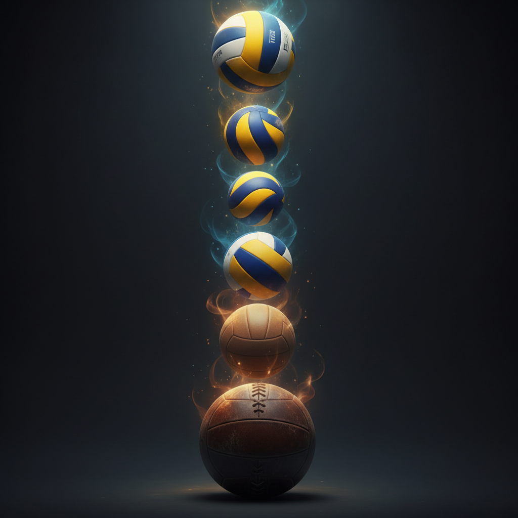abstract concept art of a timeline consisting of volleyball balls transforming from old leather to modern synthetic yellow-blue designs, linear progression on dark background, 8k