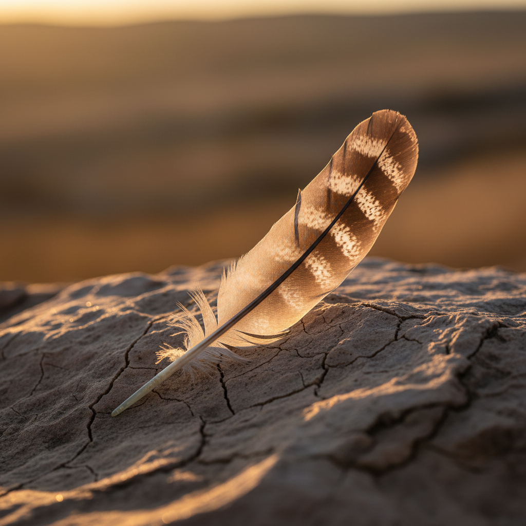 Close up of a single eagle feather resting on a weathered rock, golden hour sunlight, hyperrealistic, symbolic of resilience