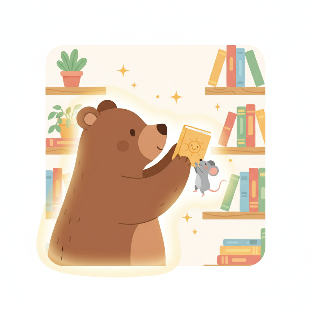 Cartoon illustration of a bear helping a mouse reach a high shelf, glowing with kindness, sparkle effect