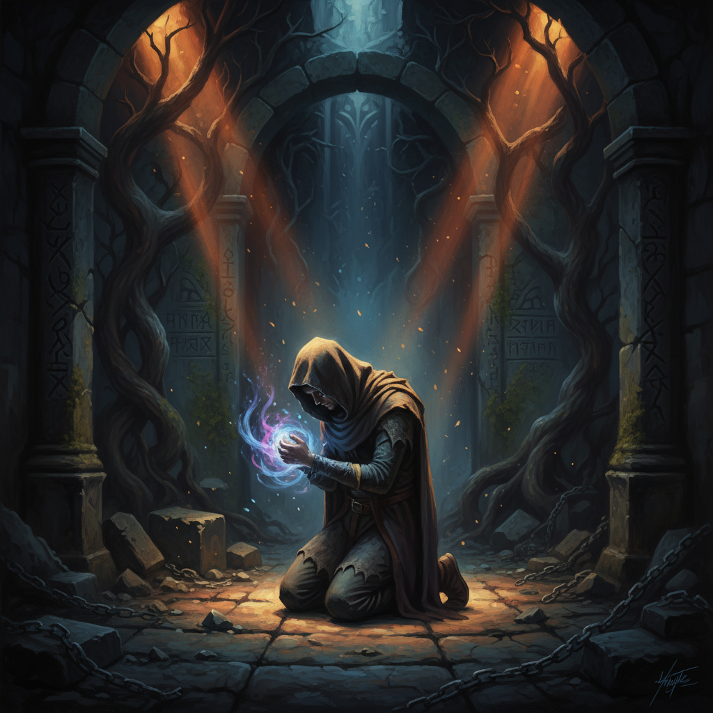 Dark mystical scene from a play, medieval dungeon setting, magical glowing aura, remorseful character, theatrical lighting, painting style