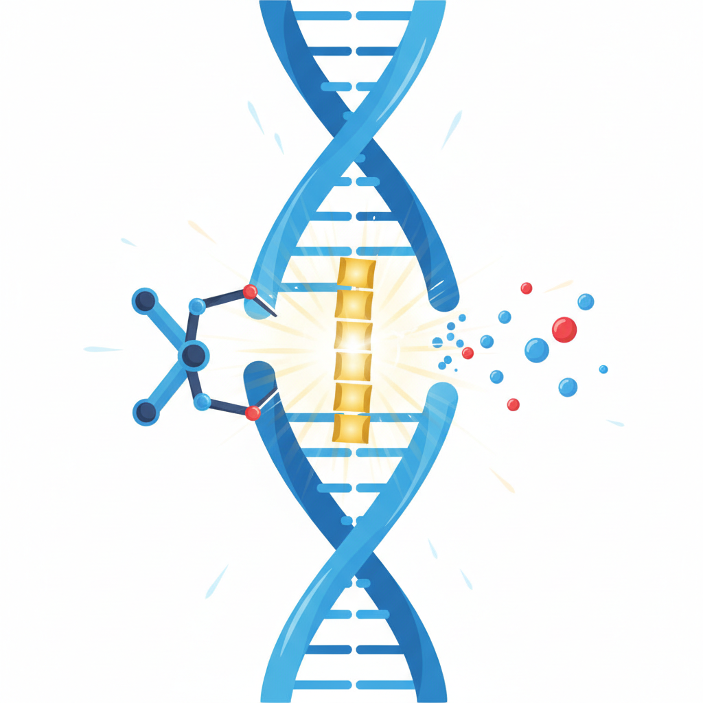 Illustration of a DNA strand being repaired, glowing golden section being inserted into a blue helix, scientific diagram style, clean vector look