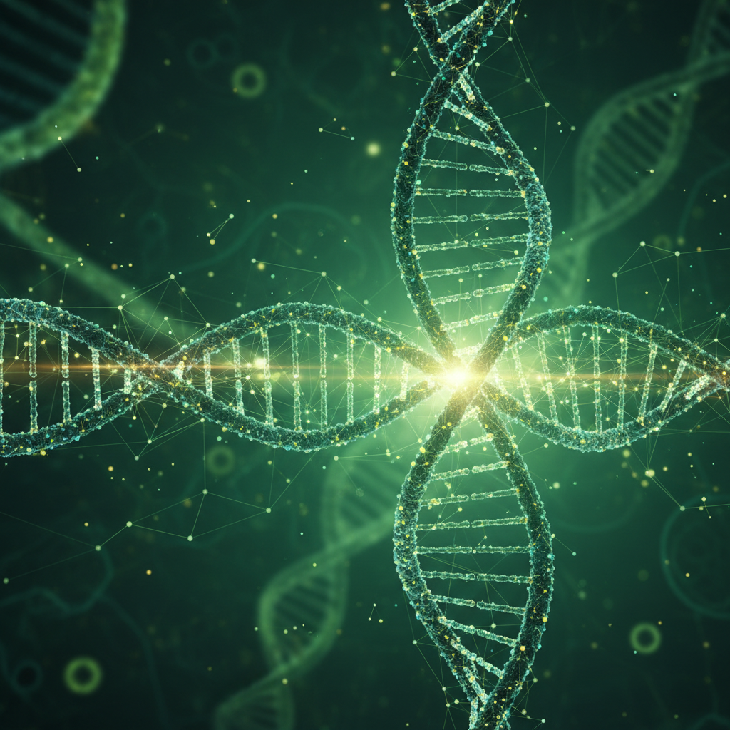 abstract medical background with dna strands and interconnected nodes, shades of emerald and forest green, cinematic lighting, 8k