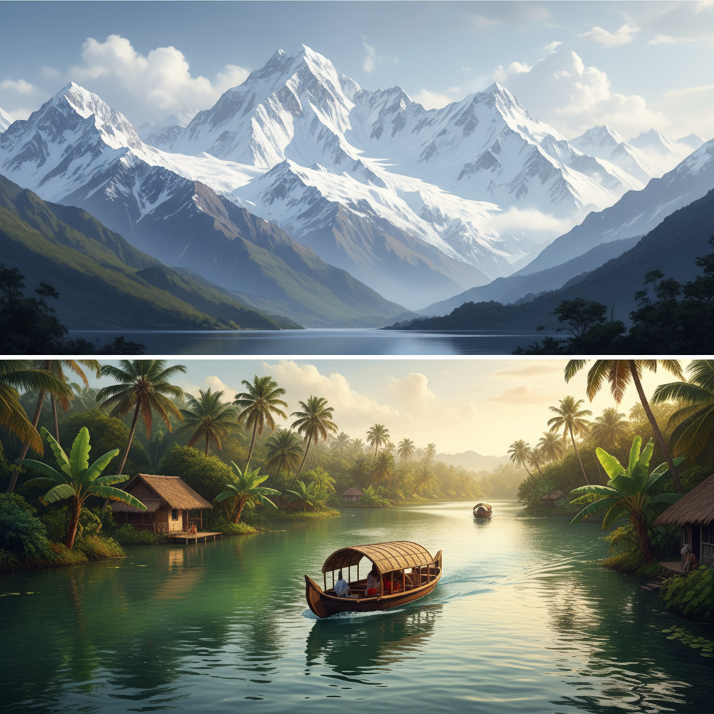 A split composition art piece: Top half showing snowy Himalayan mountains, bottom half showing serene tropical green backwaters with a boat