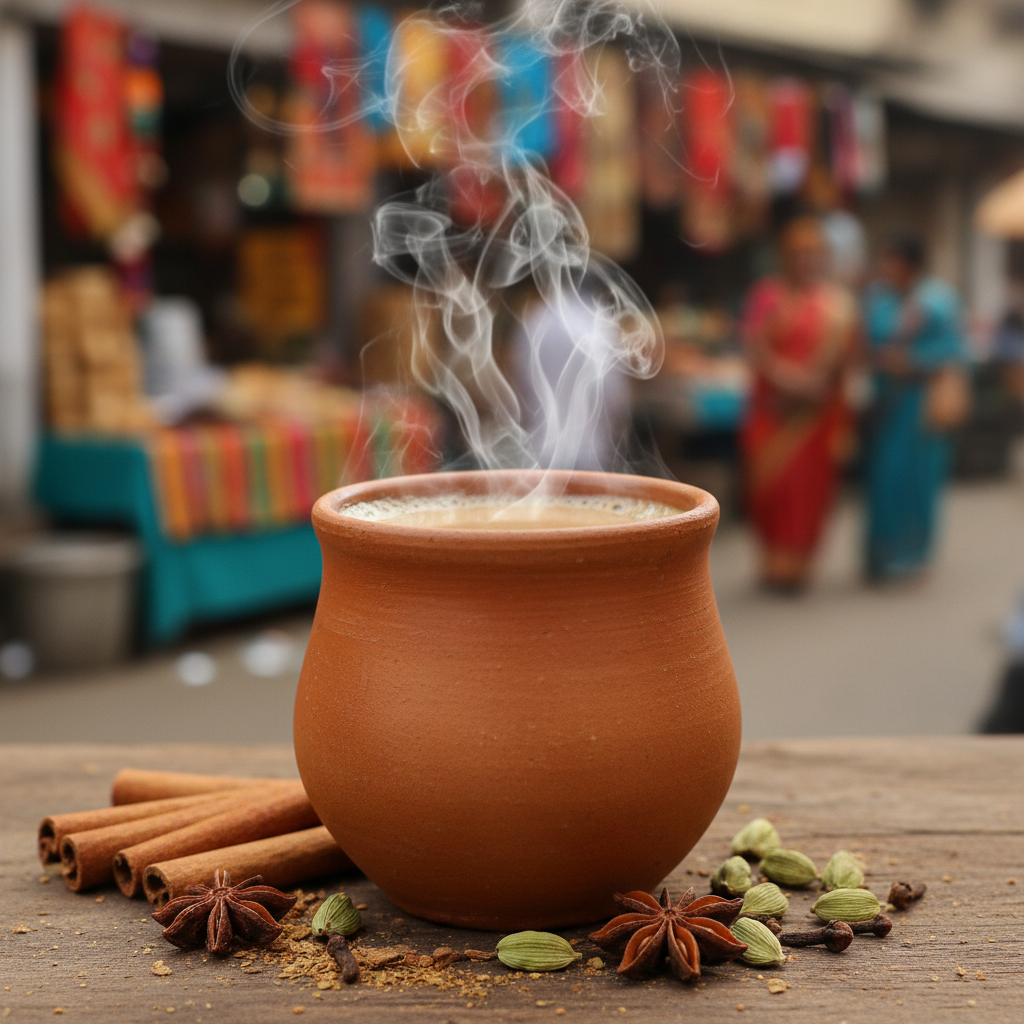 Hot clay cup (kulhar) of masala chai with steam rising, spices like cinnamon and cardamom scattered around, vibrant colorful Indian street background blurred