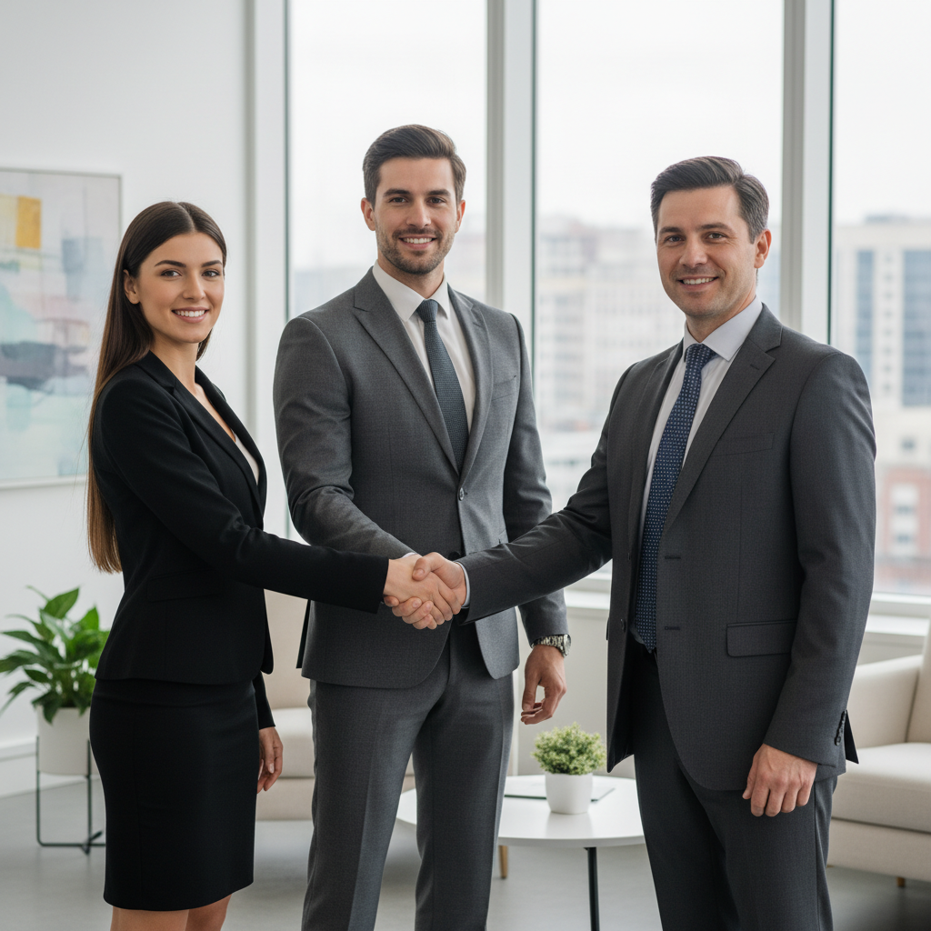 Photorealistic photograph of a couple shaking hands with a banker in a bright office, professional attire, authentic look, high quality
