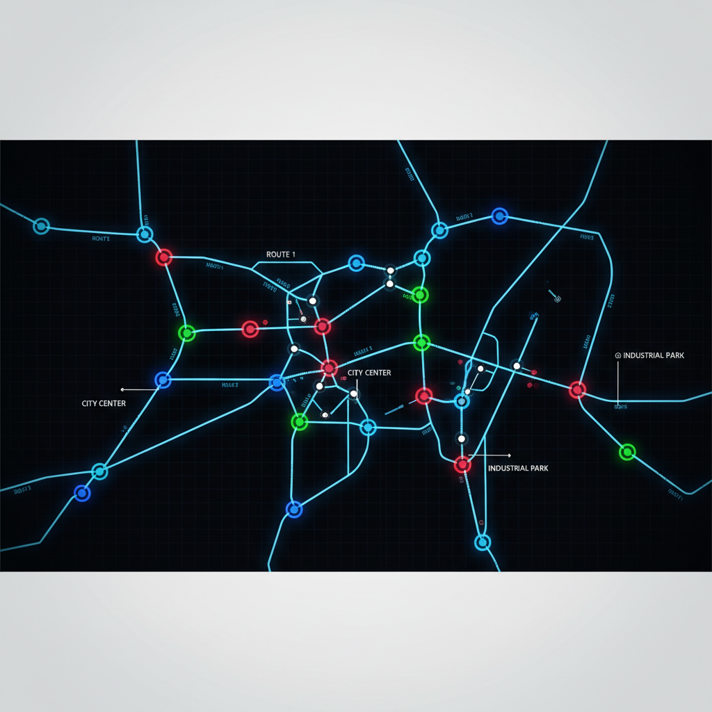 digital map visualization of a road network with nodes and edges highlighted, distinct colors for intersections, dark mode technical style