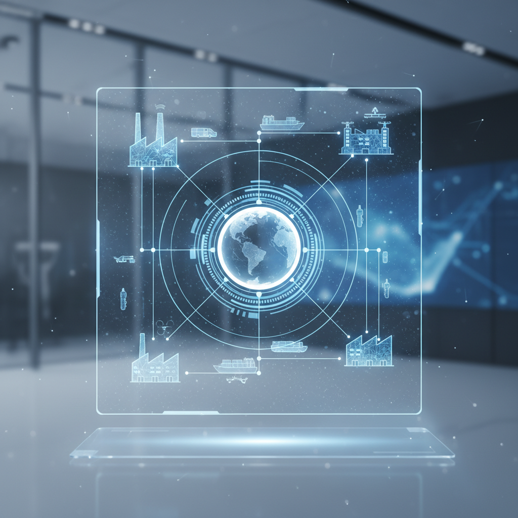 futuristic hologram of a supply chain network connecting factories to a central digital hub, clean high-tech corporate style, blue and white
