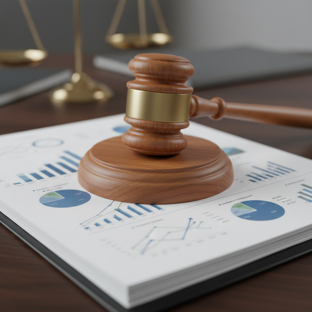 A close up of a wooden gavel resting on a document with charts, symbolizing legal regulation of economics, shallow depth of field, professional lighting