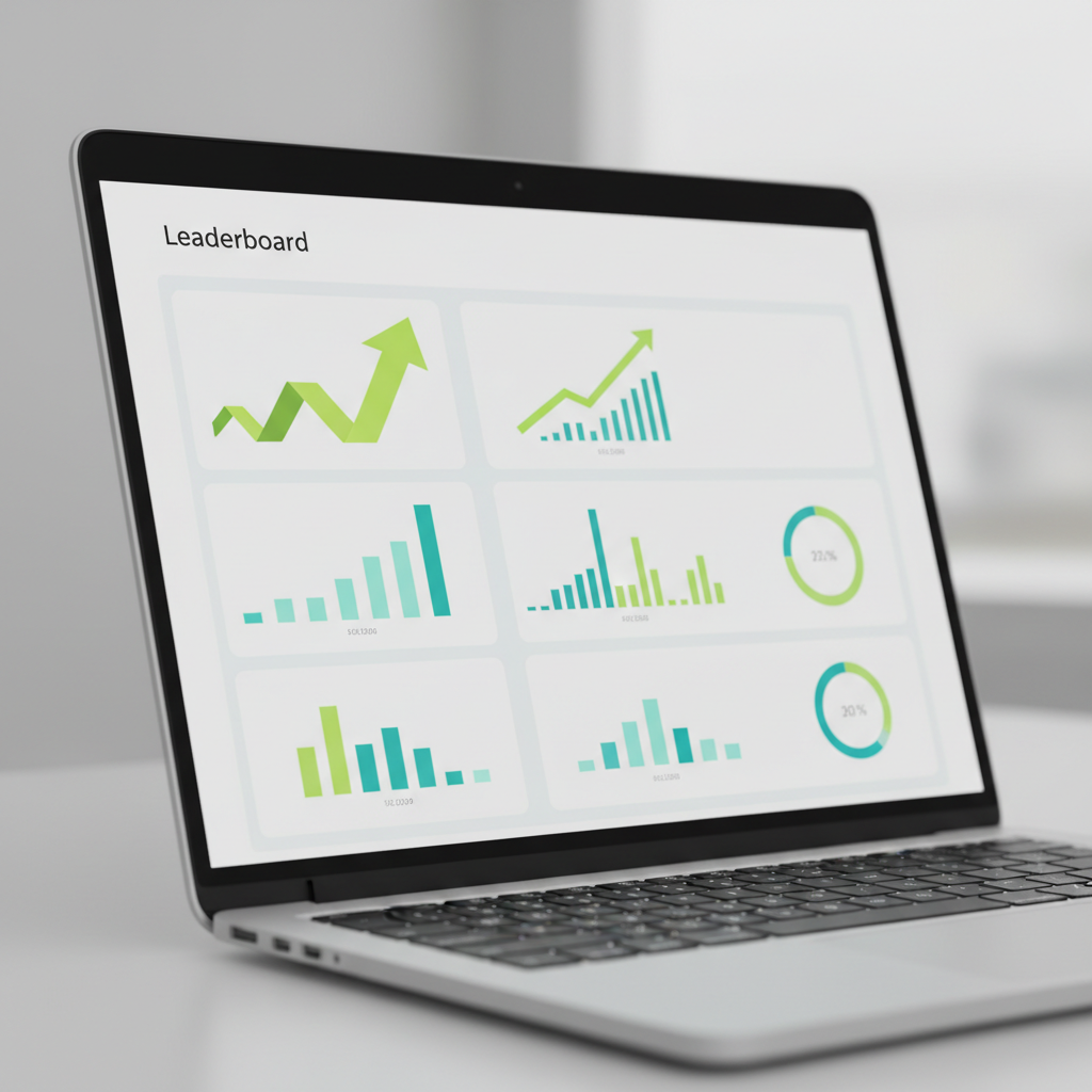 A sleek modern SaaS dashboard on a laptop screen displaying a 'Leaderboard' with bright green upward trend lines and performance metrics, clean simple background, high quality