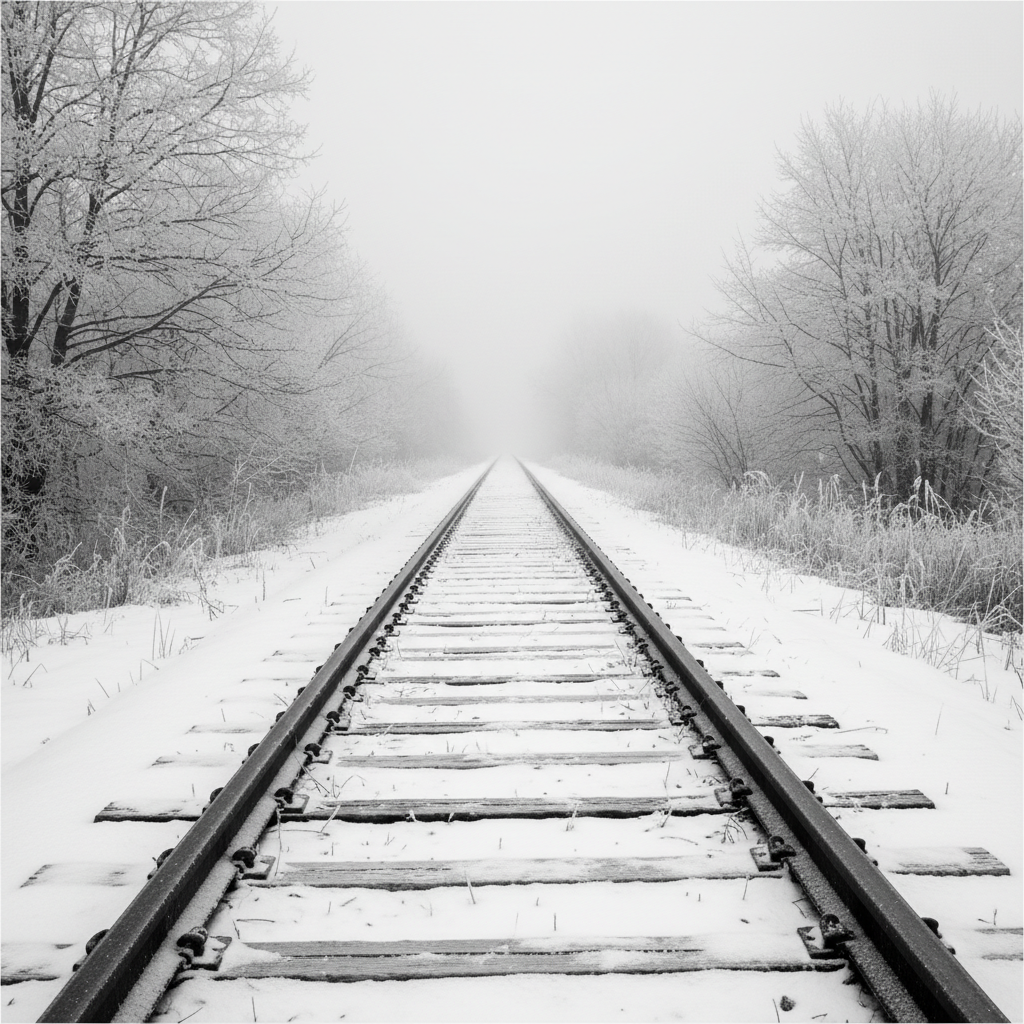 Cinematic shot of rusty railway tracks leading into a foggy distance, winter scenes, black and white photography style, somber atmosphere