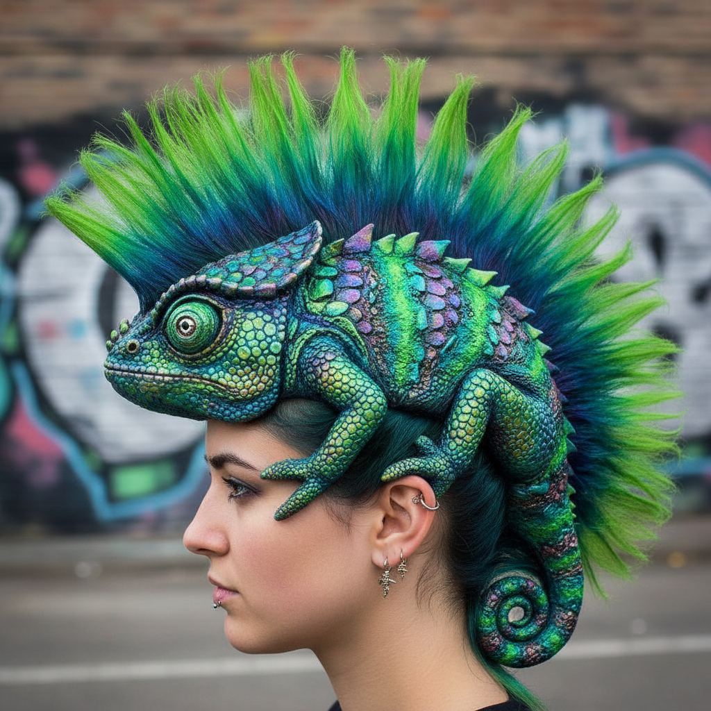 Punk hairstyle, mohawk shaped and painted like a colorful green and blue lizard chameleon, side profile, artistic photography