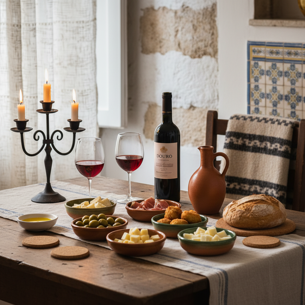 portuguese dinner table setting with wine and appetizers, cozy atmosphere, warm light