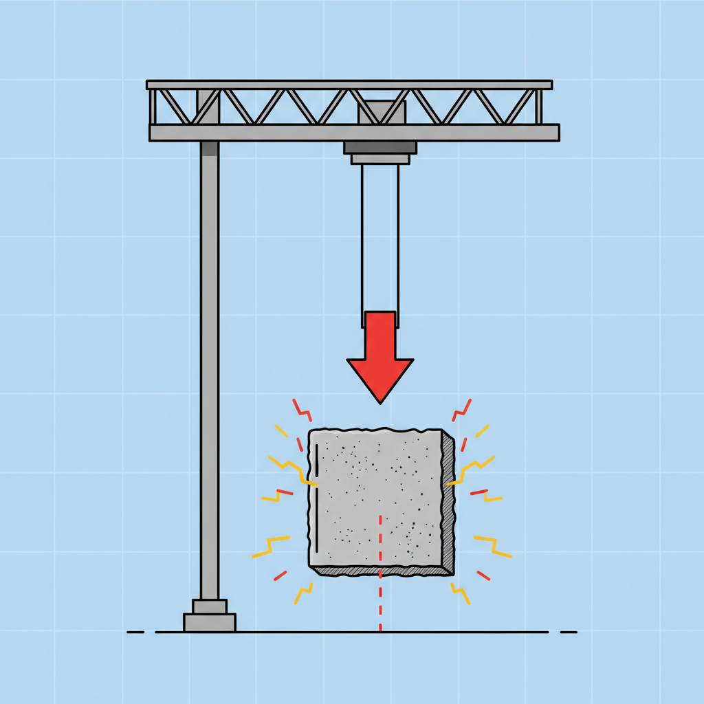 Industrial crane lowering a massive concrete block, arrow pointing down indicating descent, energy sparks generating, clean simple schematic style