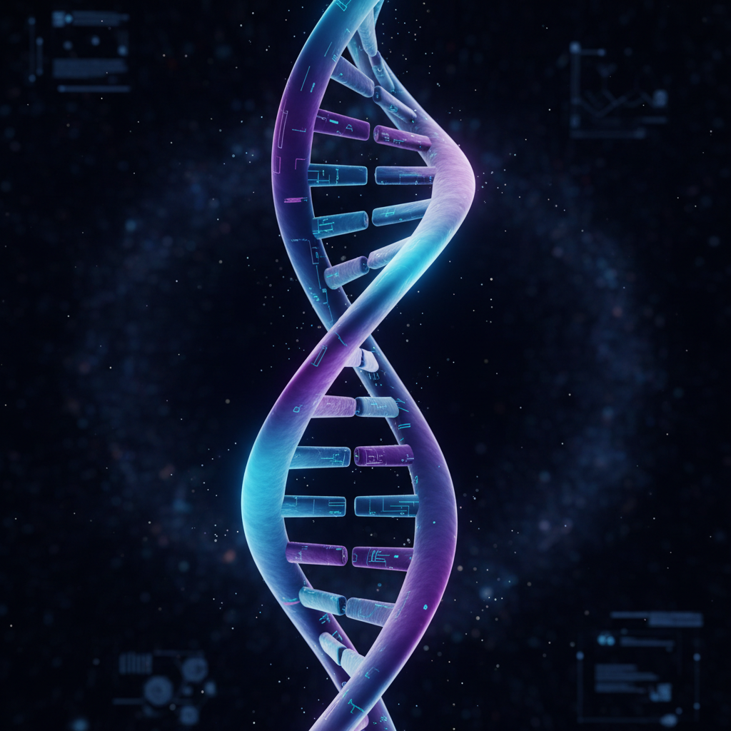 Futuristic 3D double helix DNA strand, glowing neon blue and purple colors, dark background, detailed scientific visualization, medical biotechnology