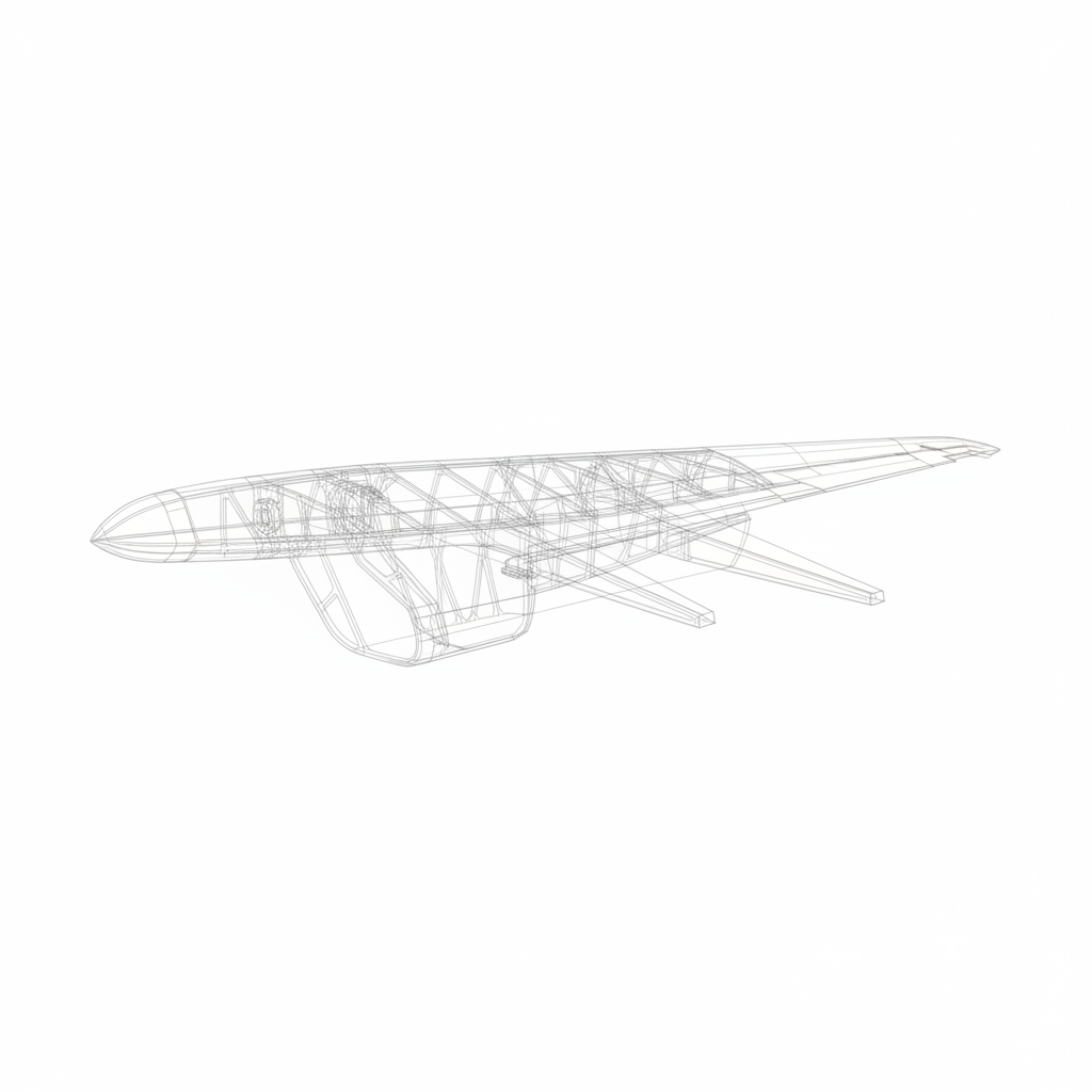 minimalist abstract wireframe of an aircraft wing structure, white background, soft grey lines, architectural drawing style, blueprint aesthetic, high precision