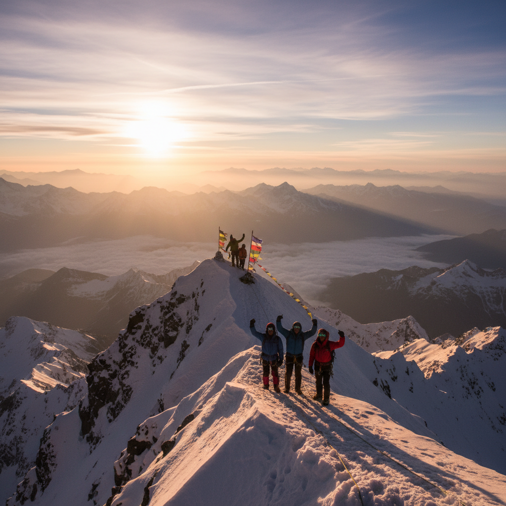 breathtaking view of a mountain expediton team reaching a summit at sunrise, inspirational, golden hour lighting, wide angle