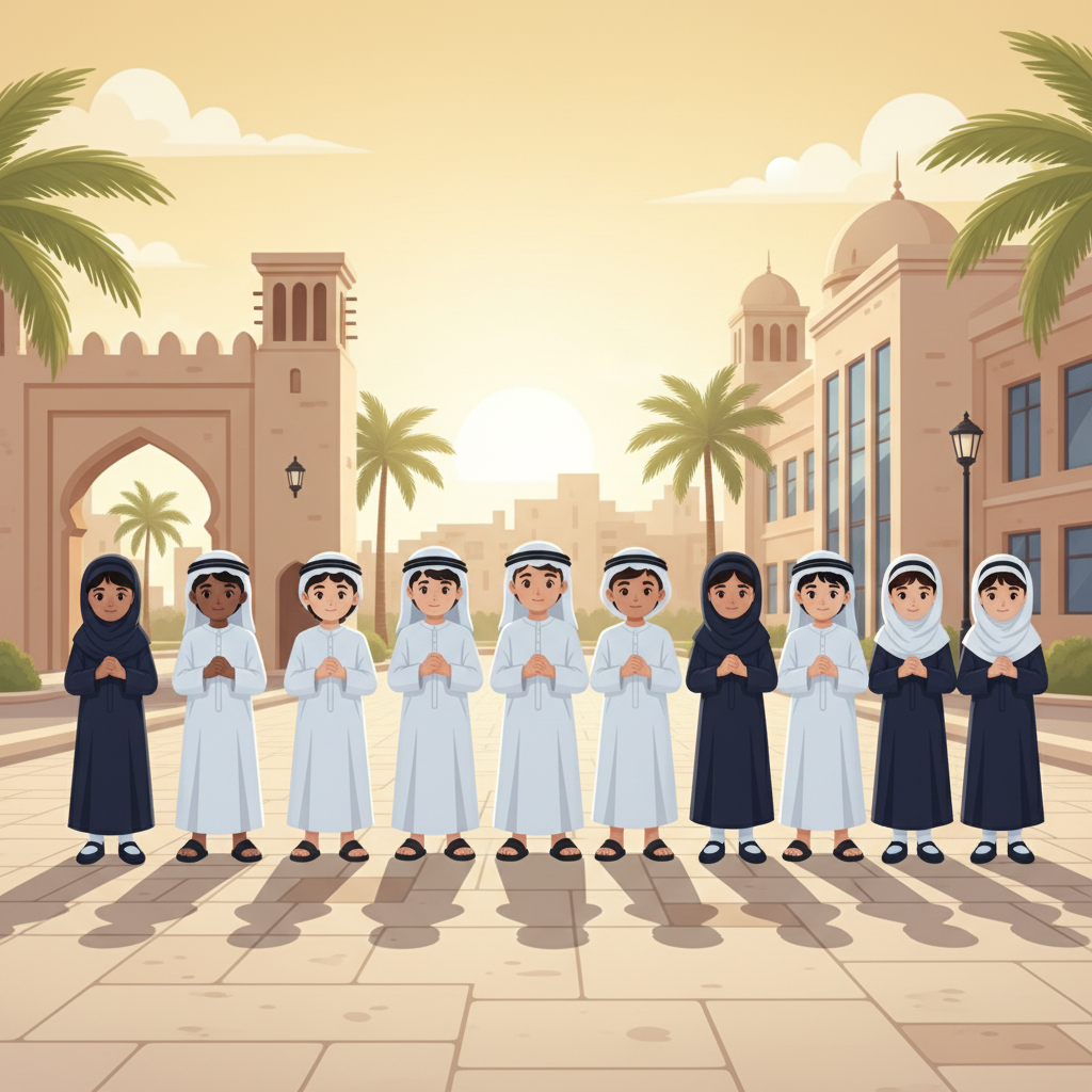 School children standing in silence respectfully, UAE uniform, peaceful atmosphere, illustration