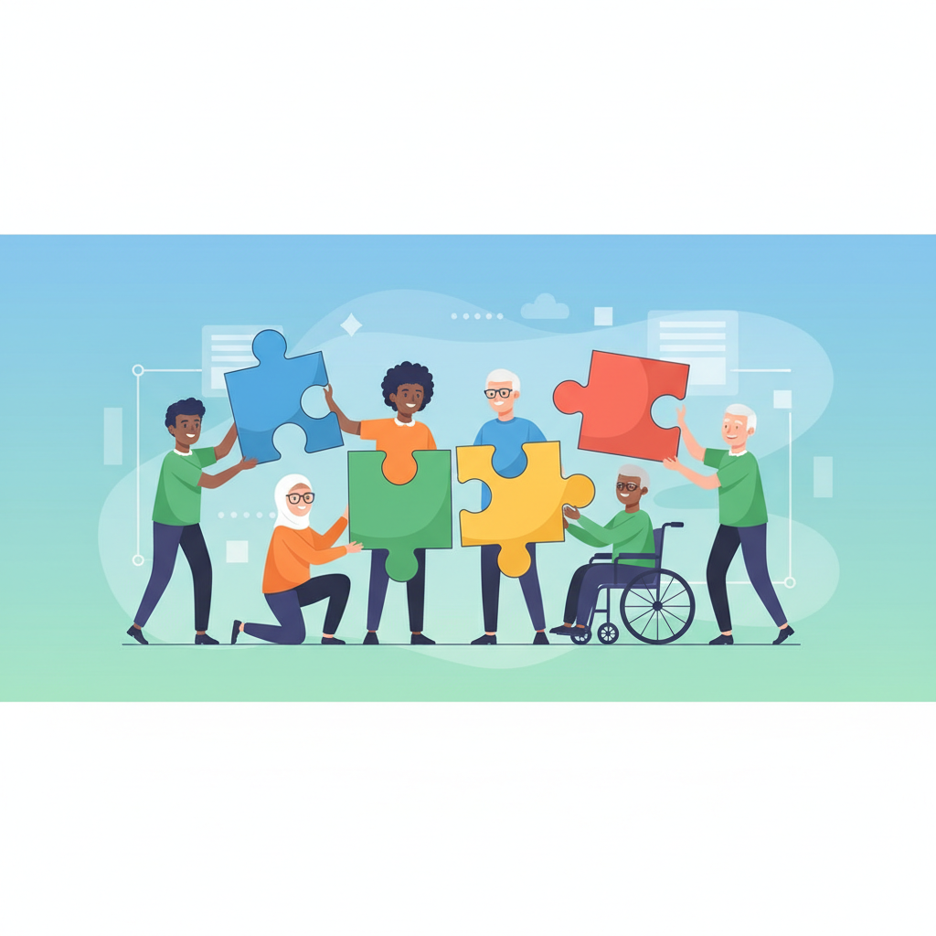 diverse group of people connecting puzzle pieces together, collaboration concept, flat illustration