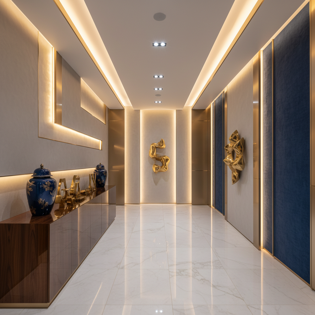 Modern, sleek interior design background with architectural details, warm lighting, deep blue and gold accents, professional aesthetic, ultra realistic, 8k