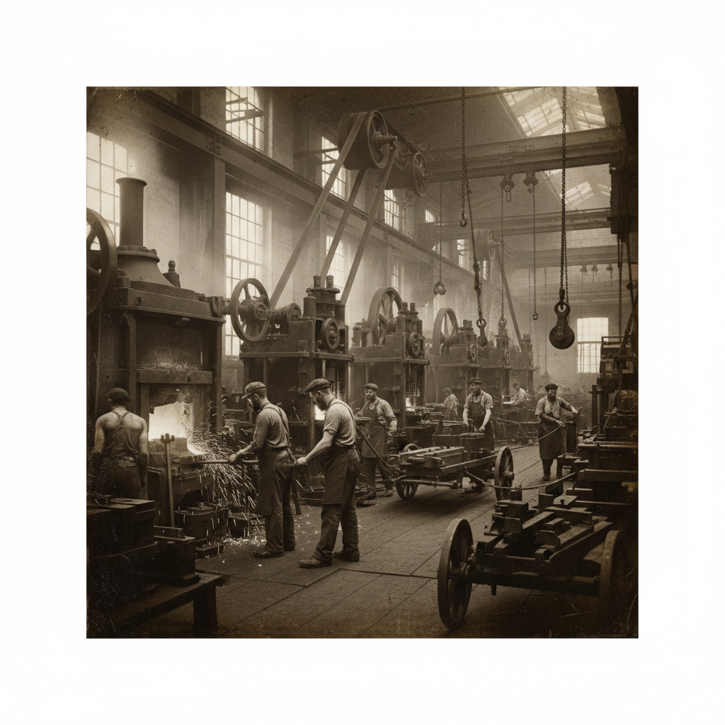 Sepia toned image of an old factory floor, heavy machinery, manual labor, vintage industrial revolution style
