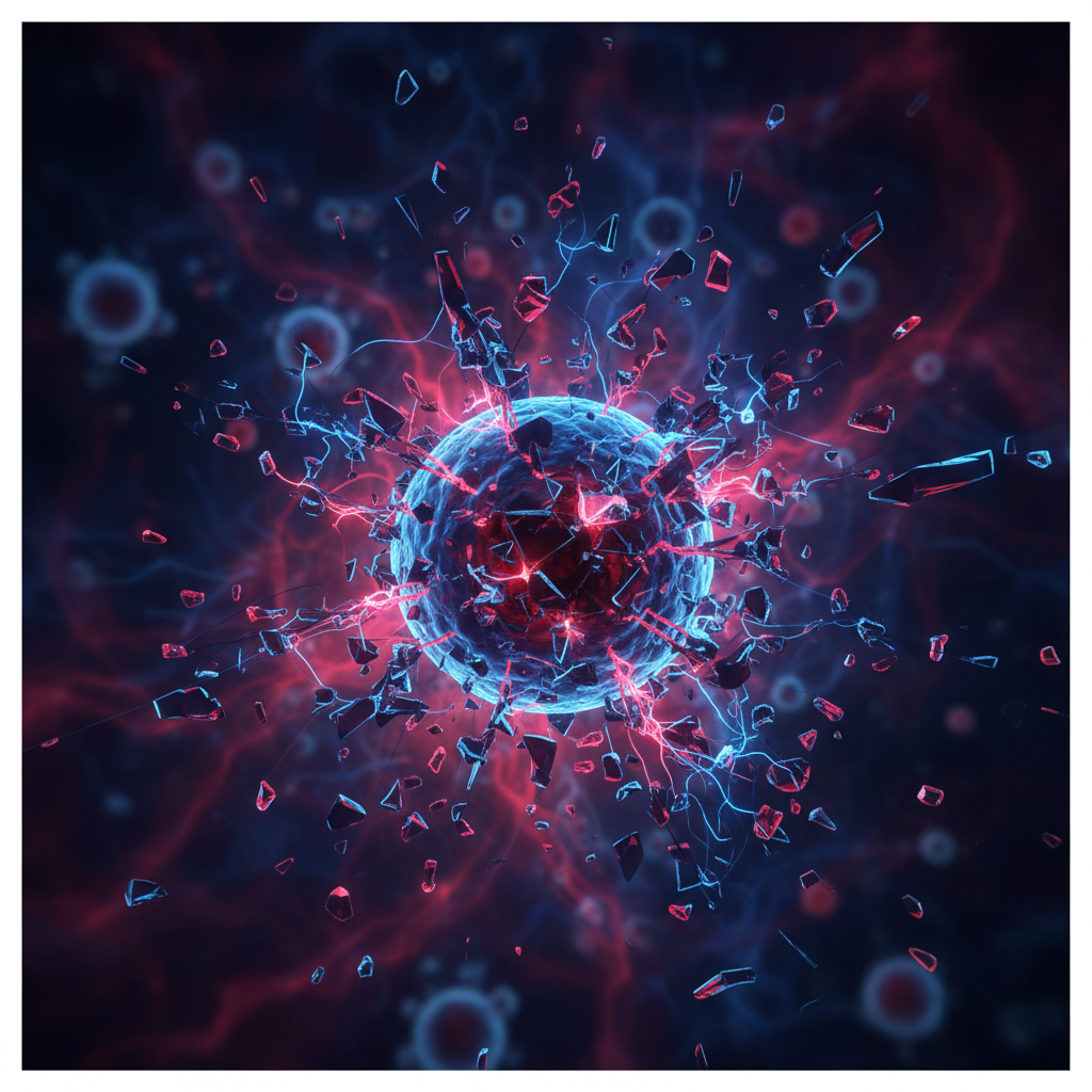 An artistic representation of a biological cell structure decaying or shattering like glass, dark blue and dark red tones, scientific medical illustration style, high detail