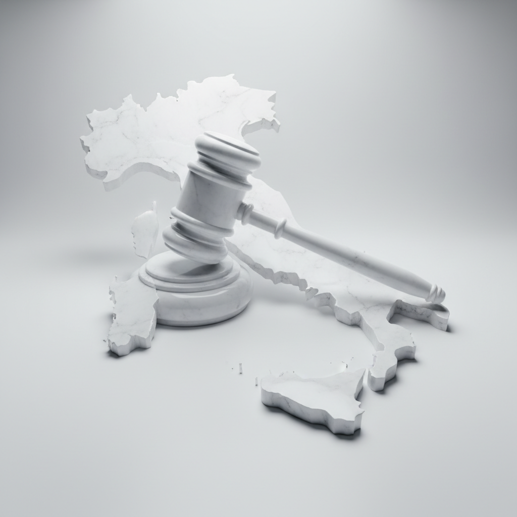 Map of Italy made of clean white marble, judge gavel acting as a bridge