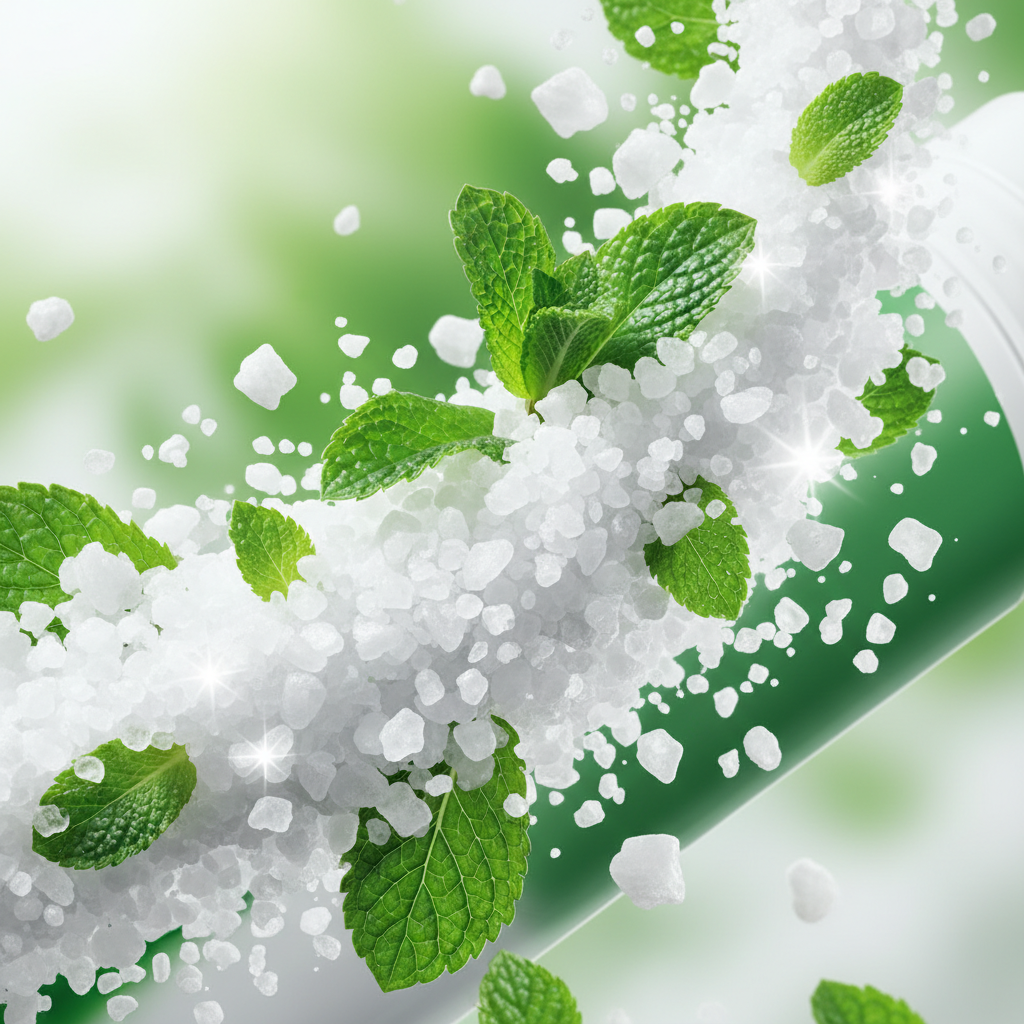 Macro photography of Colgate Active Salt toothpaste ingredients: glittering white salt crystals, fresh green mint leaves, and calcium minerals, dynamic composition, bright refreshing lighting, high quality advertising style