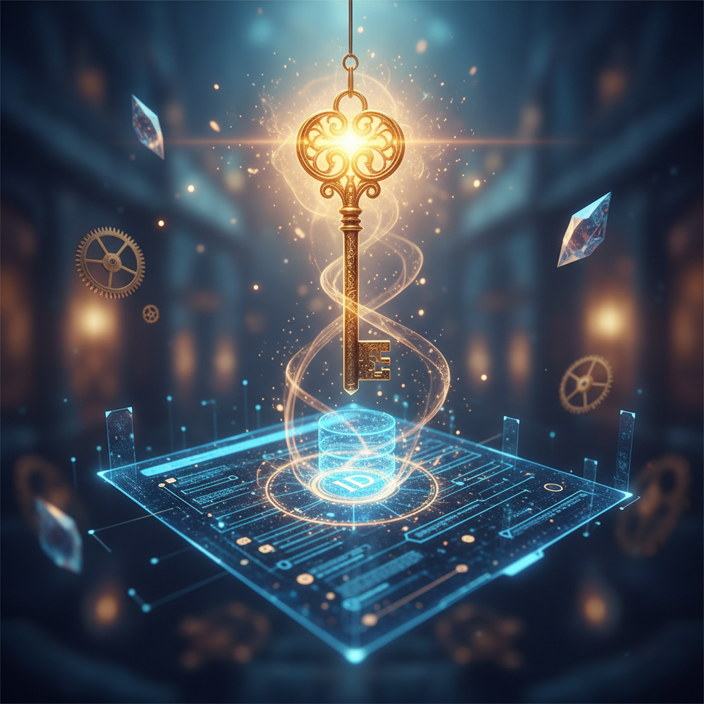 a glowing golden key floating above a database record, symbolizing unique access, magical realism style
