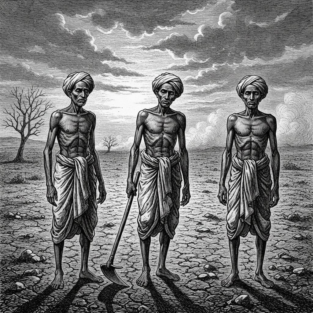 Black and white historical image illustration of Indian farmers in the 1930s looking at a barren field, cinematic lighting, sorrowful atmosphere