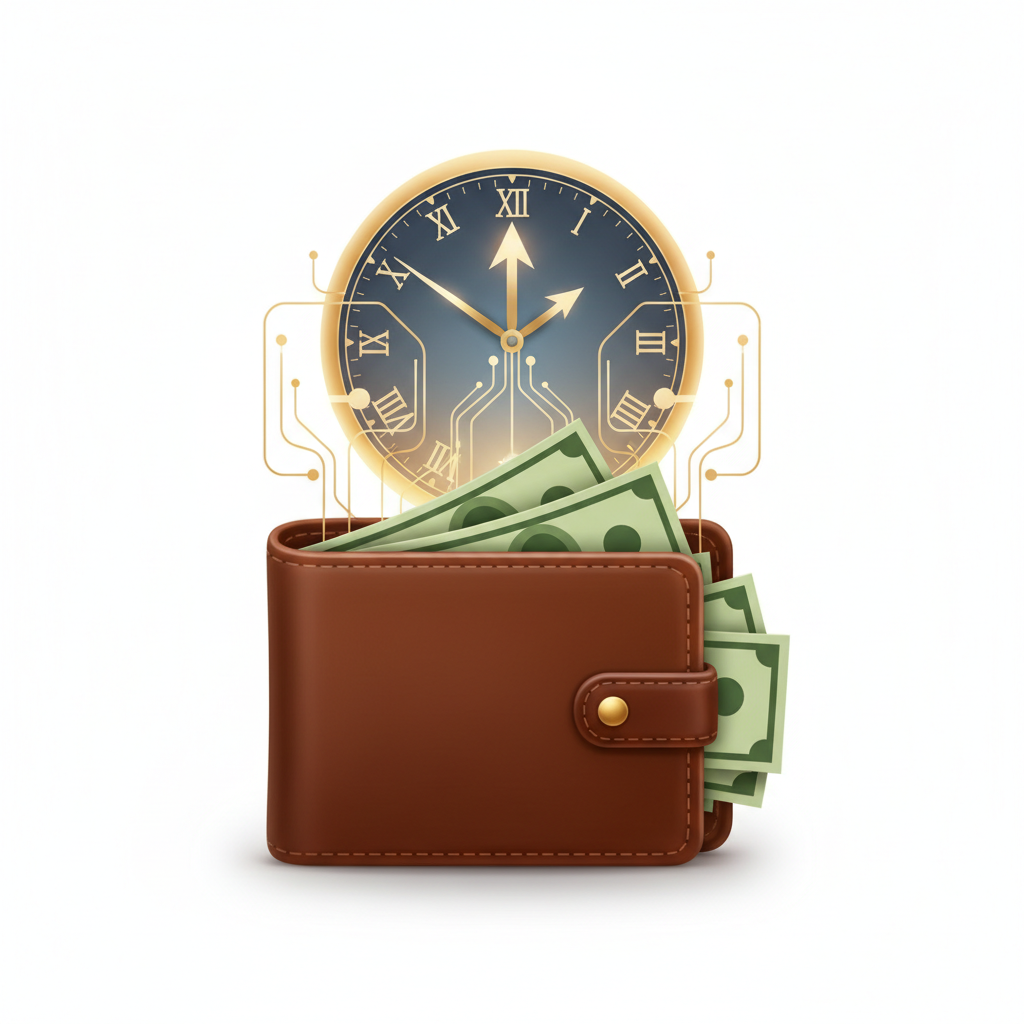 concept art of a wallet getting thicker and a clock symbol, representing money and time, clean illustration