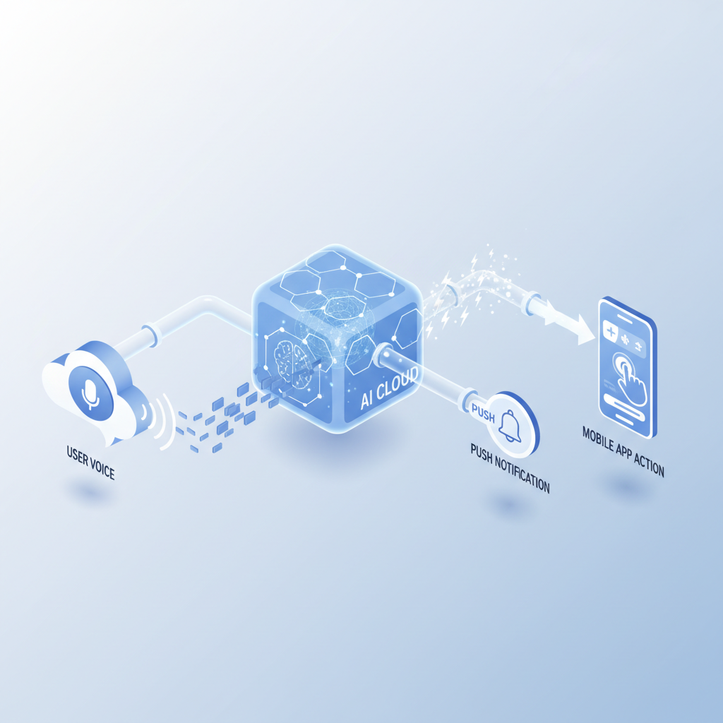 diagram showing flow from User Voice to AI Cloud to Push Notification to Mobile App Action, isometric 3d icon style illustration