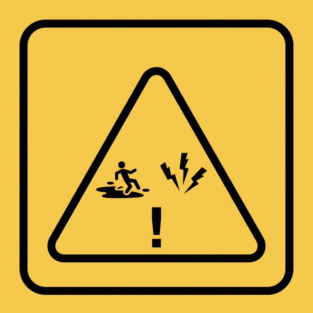 warning triangle symbol slippery floor and sharp objects, safety yellow, icon style