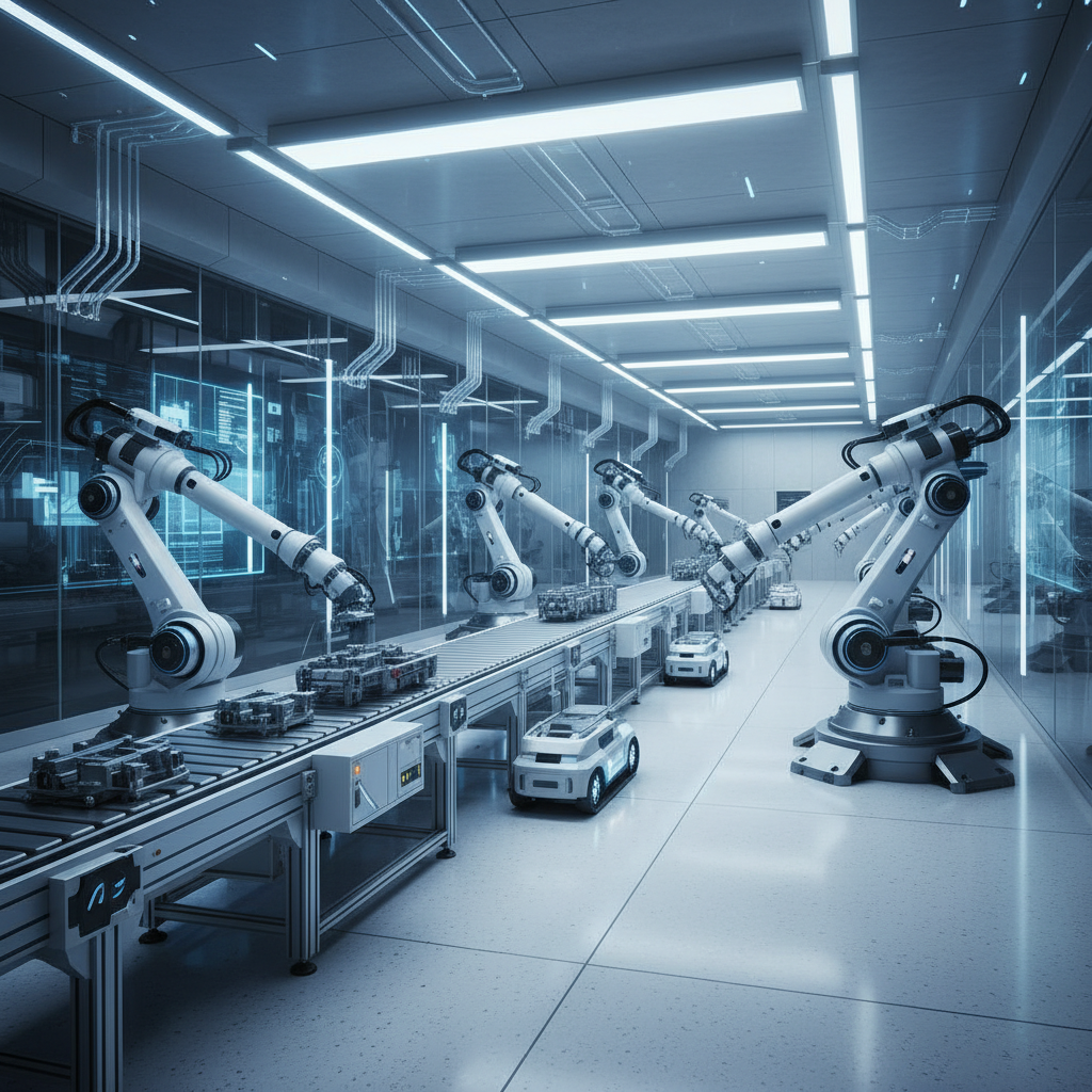 modern automated factory assembly line, clean, high tech, bright lighting, representing efficiency