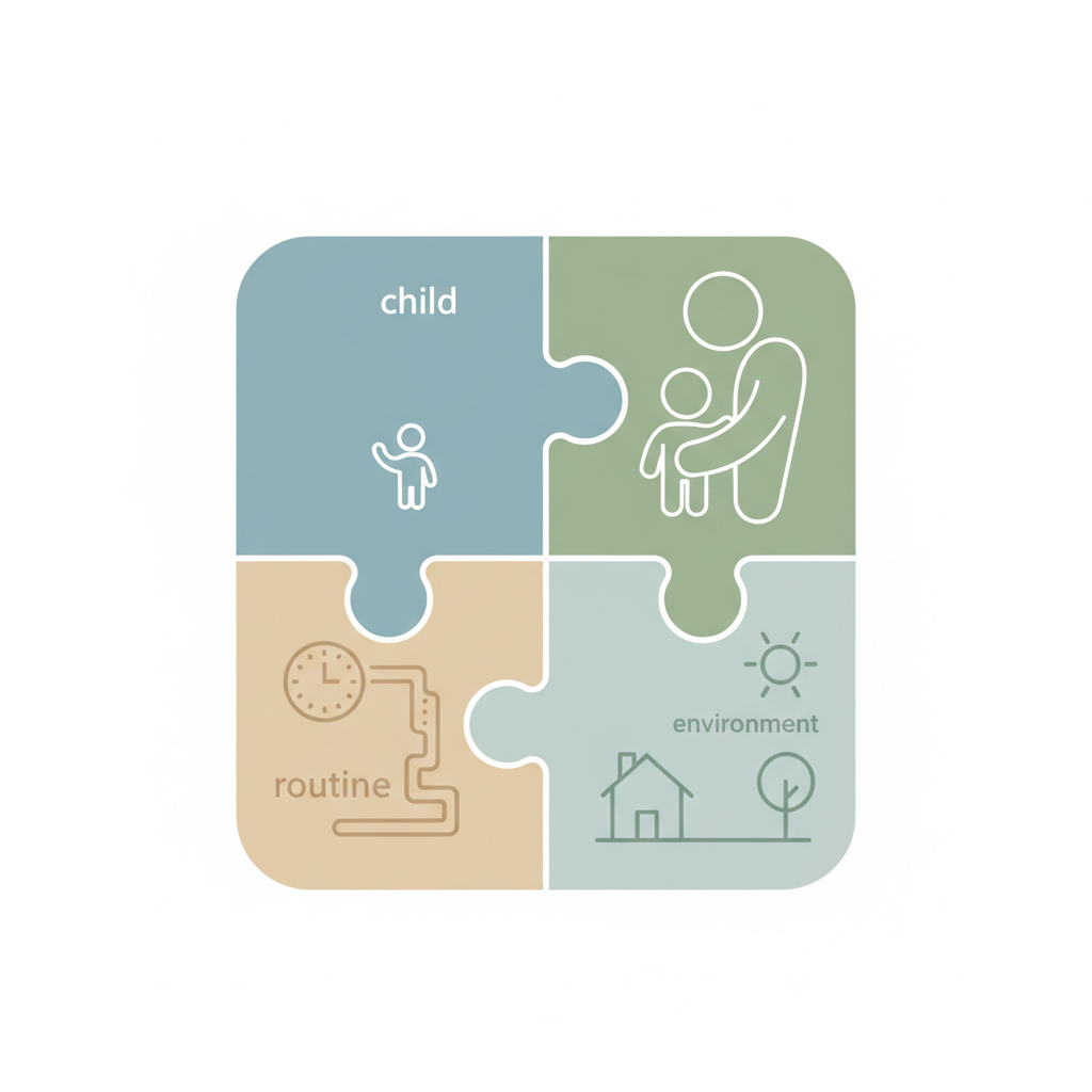 Conceptual illustration of a puzzle showing four interconnected pieces representing child, parent, routine, and environment, minimalist flat design style