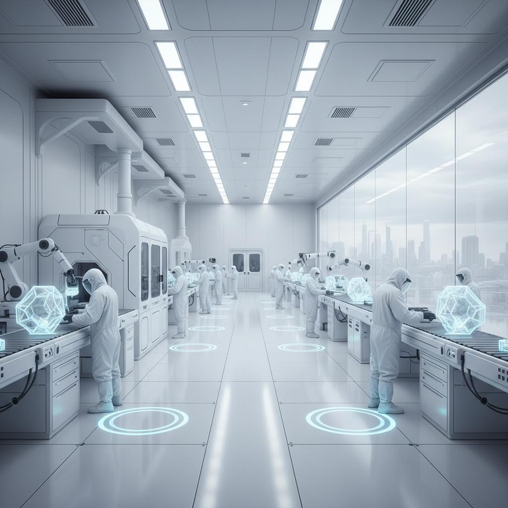 futuristic bright white laboratory manufacturing clean room with scientists and engineers, sense of perfection and high technology