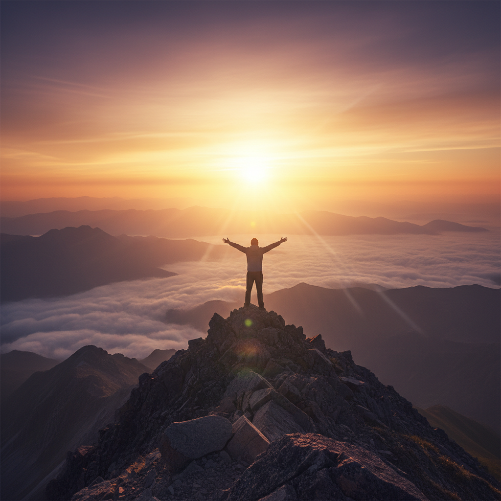 Motivational sports photography, silhouette of a person standing on a mountain peak looking at sunrise, symbolizing success and future