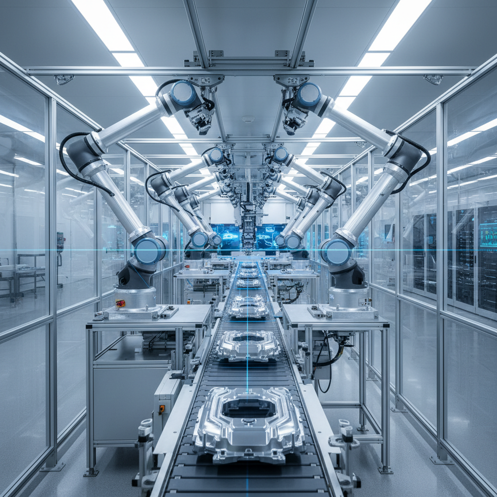 clean modern automated factory assembly line, bright lighting, robot arms, precision engineering, efficient workflow