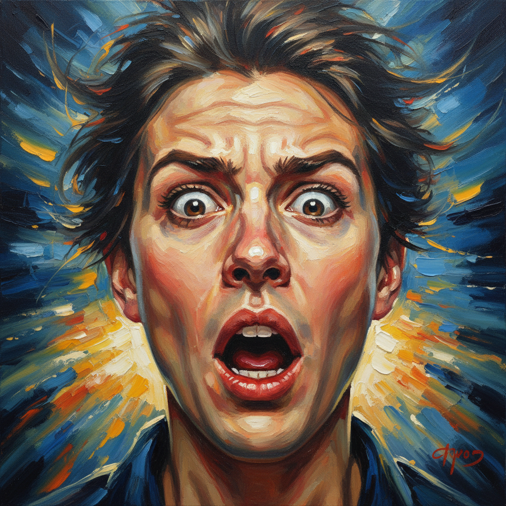 A close up of a face showing an expression of pure amazement and surprise, artistic style