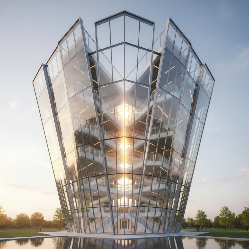 Abstract modern architecture of a school building with glass and light, symbolizing openness and growth, cinematic lighting, photorealistic, 4k