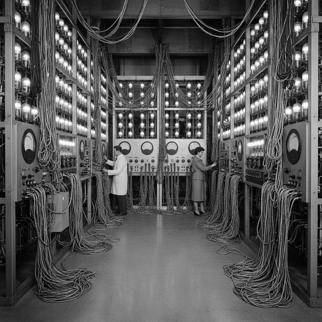 Black and white photo style of a massive room-sized computer from the 1940s with walls of cables and vacuum tubes, retro technology atmosphere