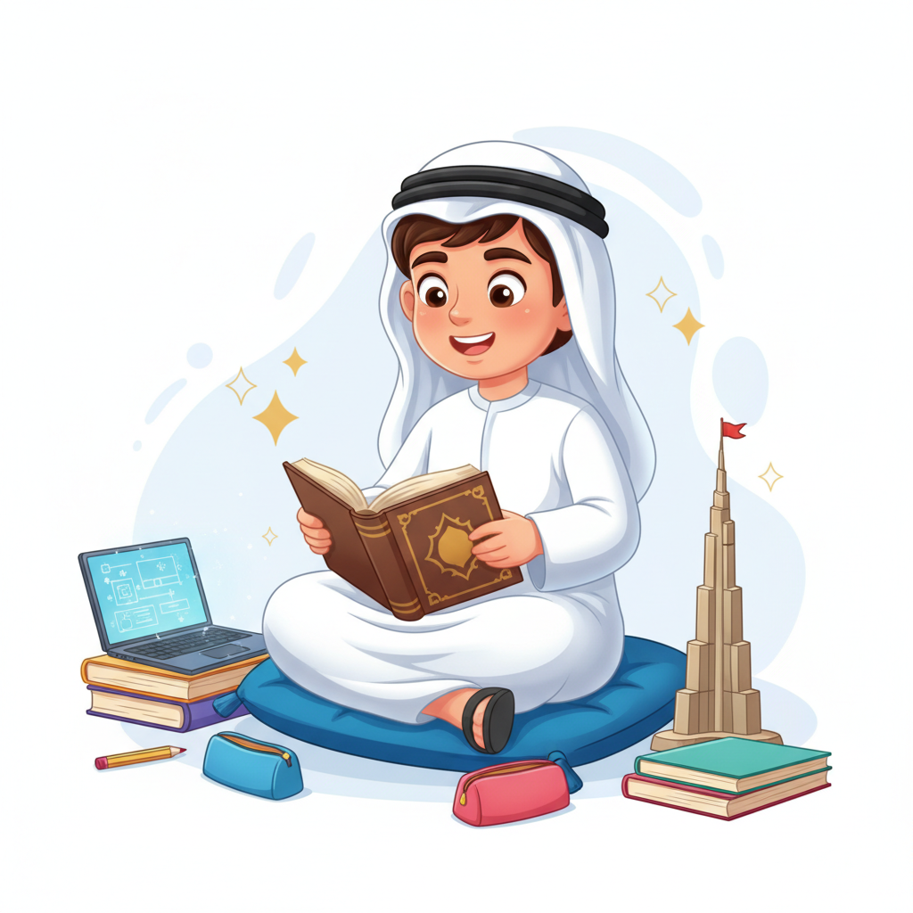 Happy UAE student boy studying with a book, cartoon style, respectful, clean background