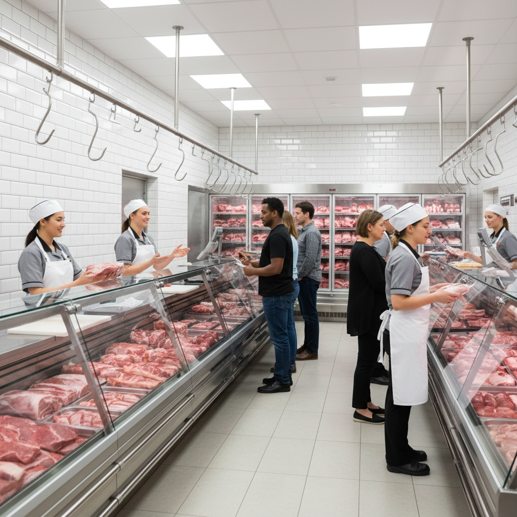 modern clean butcher shop interior with female staff in uniform serving customers, bright lighting, white tiles, stainless steel, professional environment