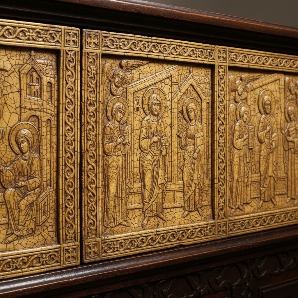 Macro shot of Byzantine ivory panels on furniture, intricate carving of biblical scenes, cracked texture of ancient ivory, golden framing, museum lighting