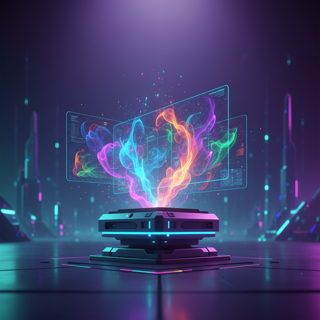 Holographic projector displaying colorful slides in the air, cinematic lighting, purple and teal atmosphere, future technology, no text