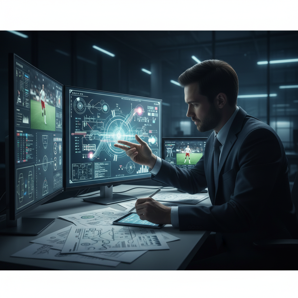 Conceptual image of a person studying complex documents or looking at screens, representing focus and decision making in sports officiating