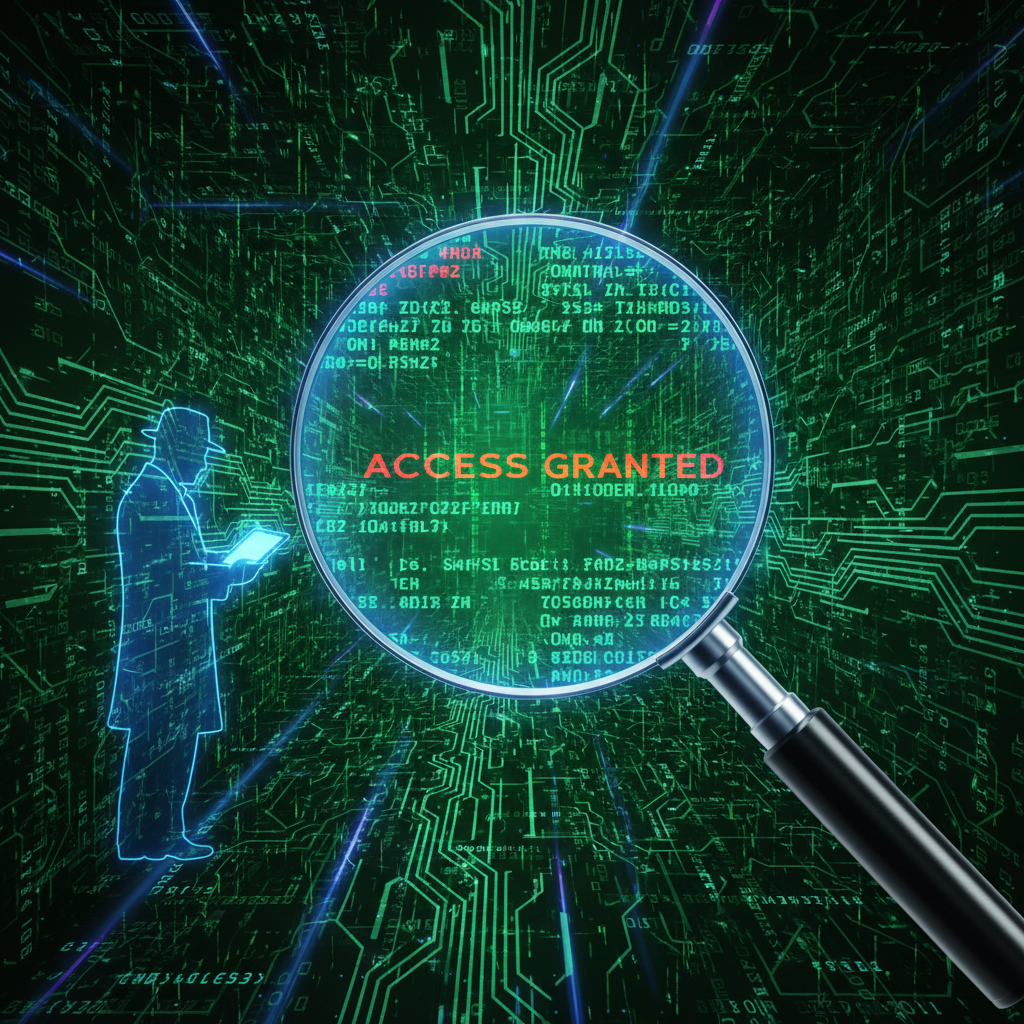 Magnifying glass inspecting digital code, matrix style background, high tech detective concept